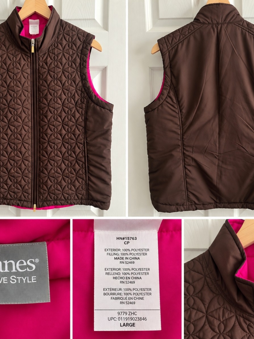 Hanes Brown Quilted Vest with Pink Lining